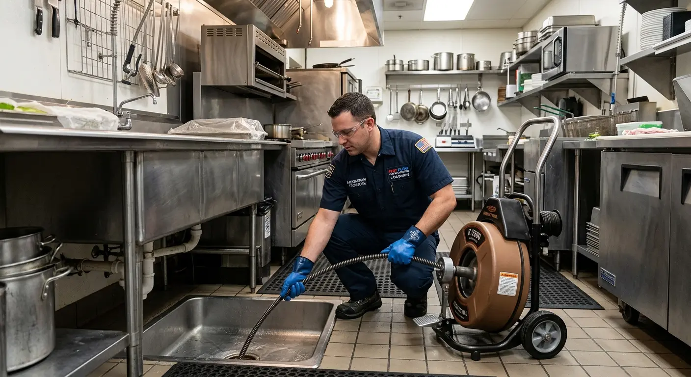 Commercial drain cleaning service in a restaurant kitchen in Northborough