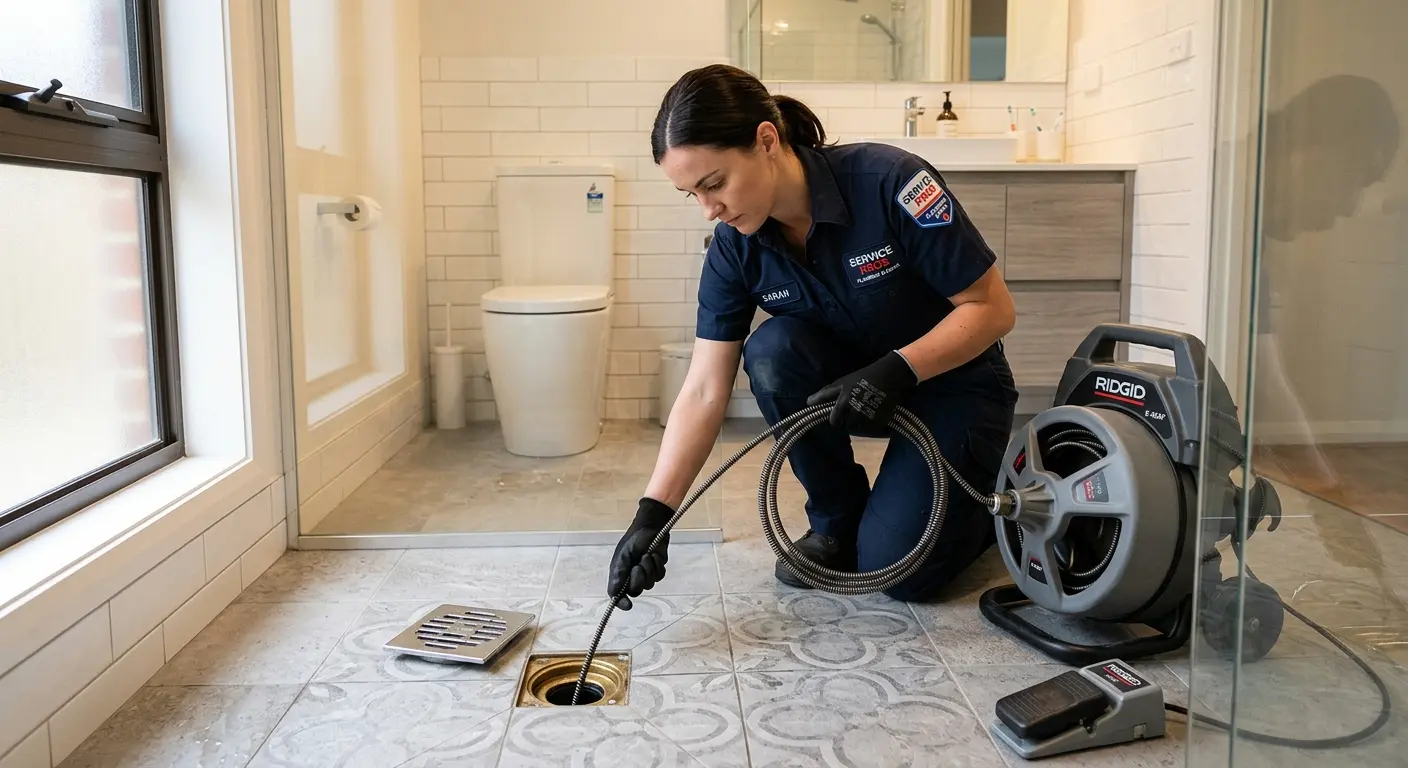 Technician clearing a bathroom floor drain for Drain Cleaning in Northborough